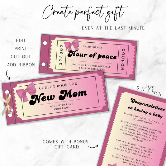 New Mom Gift Coupon Book Childbirth Gift for Mama Girl Baby Shower Last Minute Gift Mom Coupons Mothers Day Gift Gender Reveal Party Gift - LAUMIANstudio