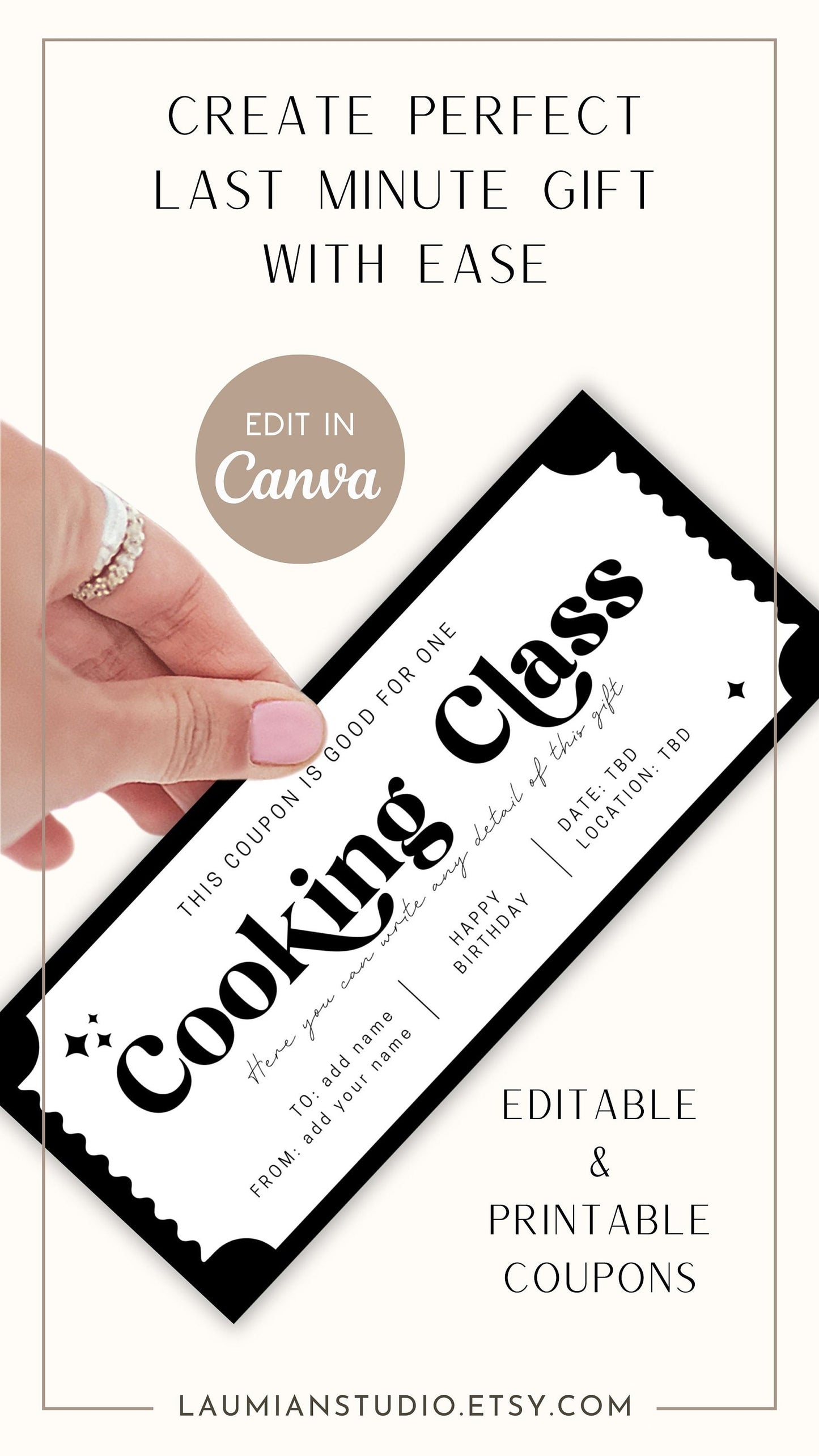Cooking Class Gift Certificate Custom Coupon for Her Anniversary Gift Idea for Wife Birthday Last Minute Present Cook Lesson Voucher Digital - LAUMIANstudio