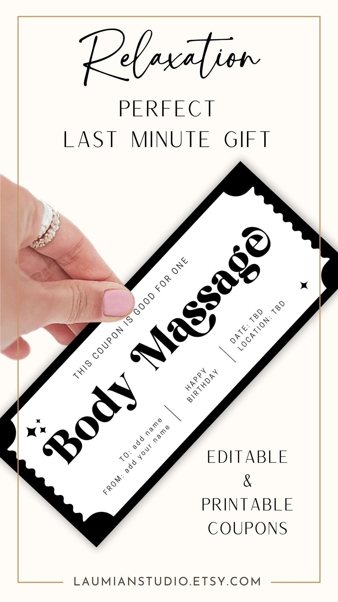 Body Massage Coupon Personalizable Text Gift Voucher Relaxation Massage Gift for Her Birthday Coupon Template Spa Day Custom Massage Ticket - LAUMIANstudio