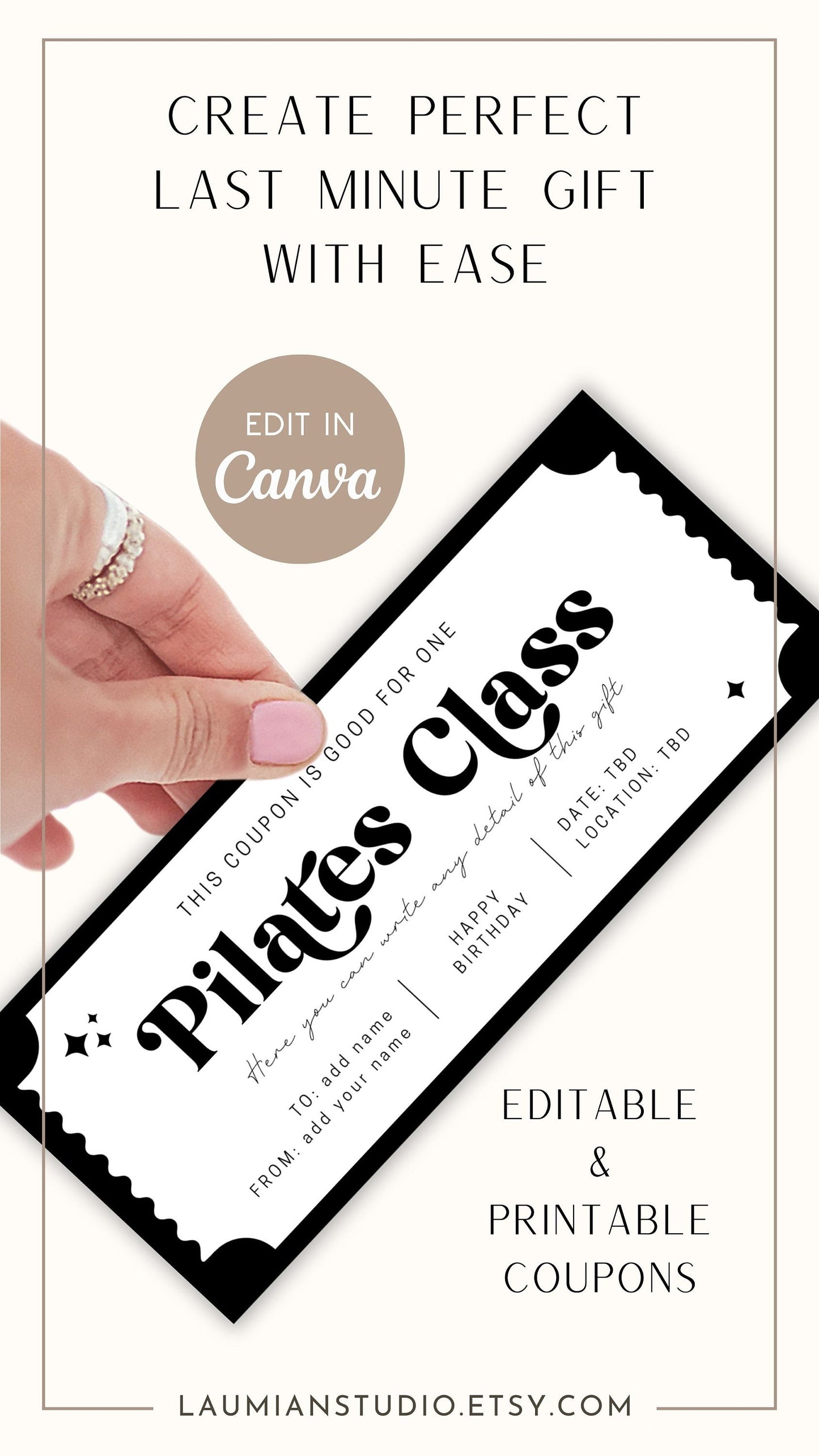 Pilates Class Gift Coupon Pilates Lover Voucher Editable Template Last Minute Gift Idea for Daughter Training Ticket Gift for Ladies Coupon - LAUMIANstudio