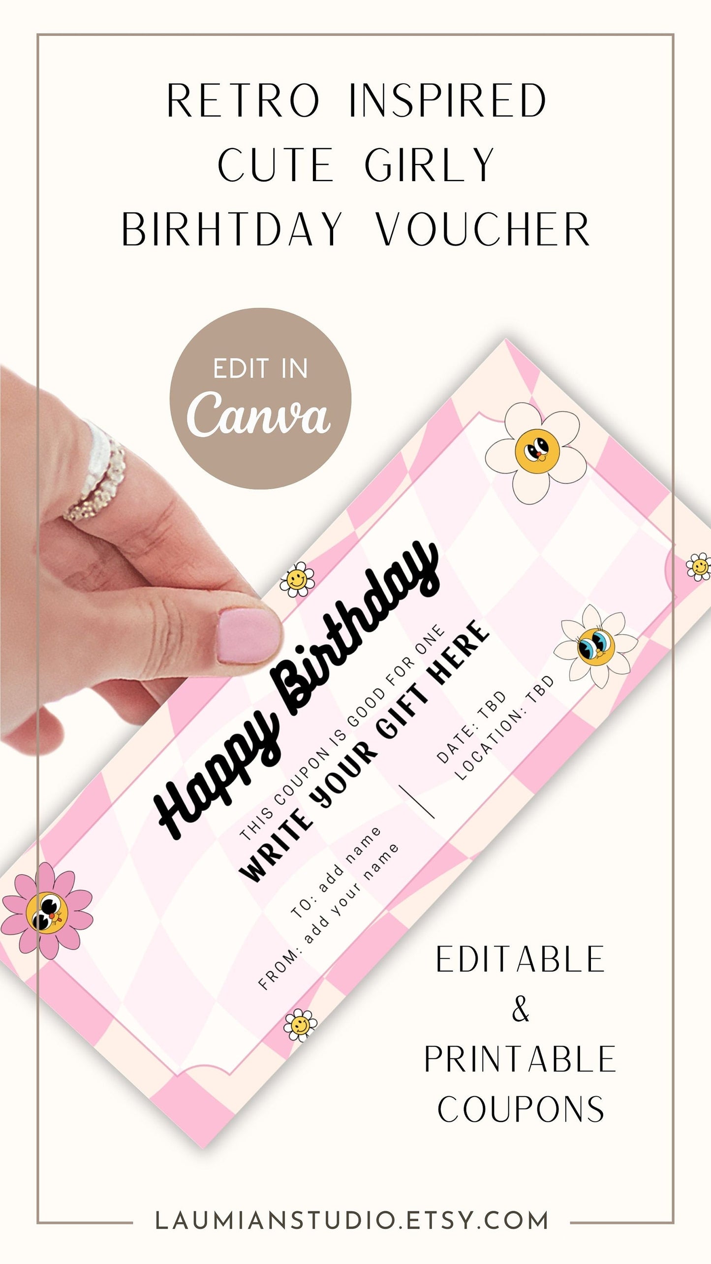 Groovy Happy Birthday Coupon Gift for Her Coupon Birthday Digital Coupon Retro Custom Voucher Happy Birthday Ticket Editable Canva Template - LAUMIANstudio
