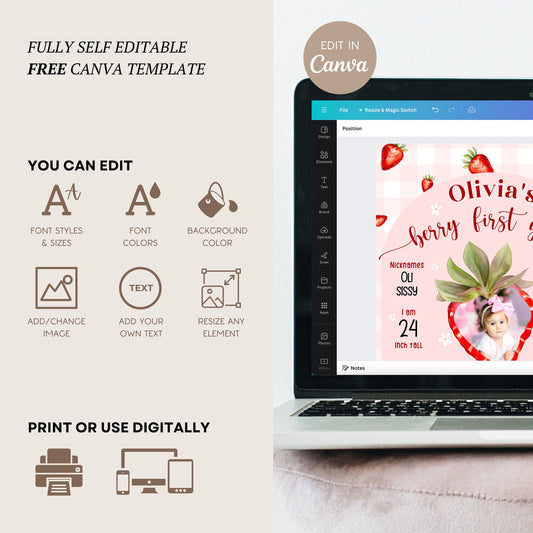 Editable Berry First Year Milestone Board Template Strawberry 1st Birthday Party Sign Baby First Birthday Milestone Poster 1st Birthday Sign - LAUMIANstudio