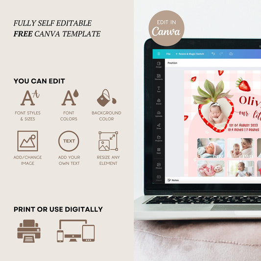 First Year Photo Milestone Board Canva Template Berry First Year Photo Sign Strawberry 1st Birthday Celebration Board with Photo Baby Girl - LAUMIANstudio