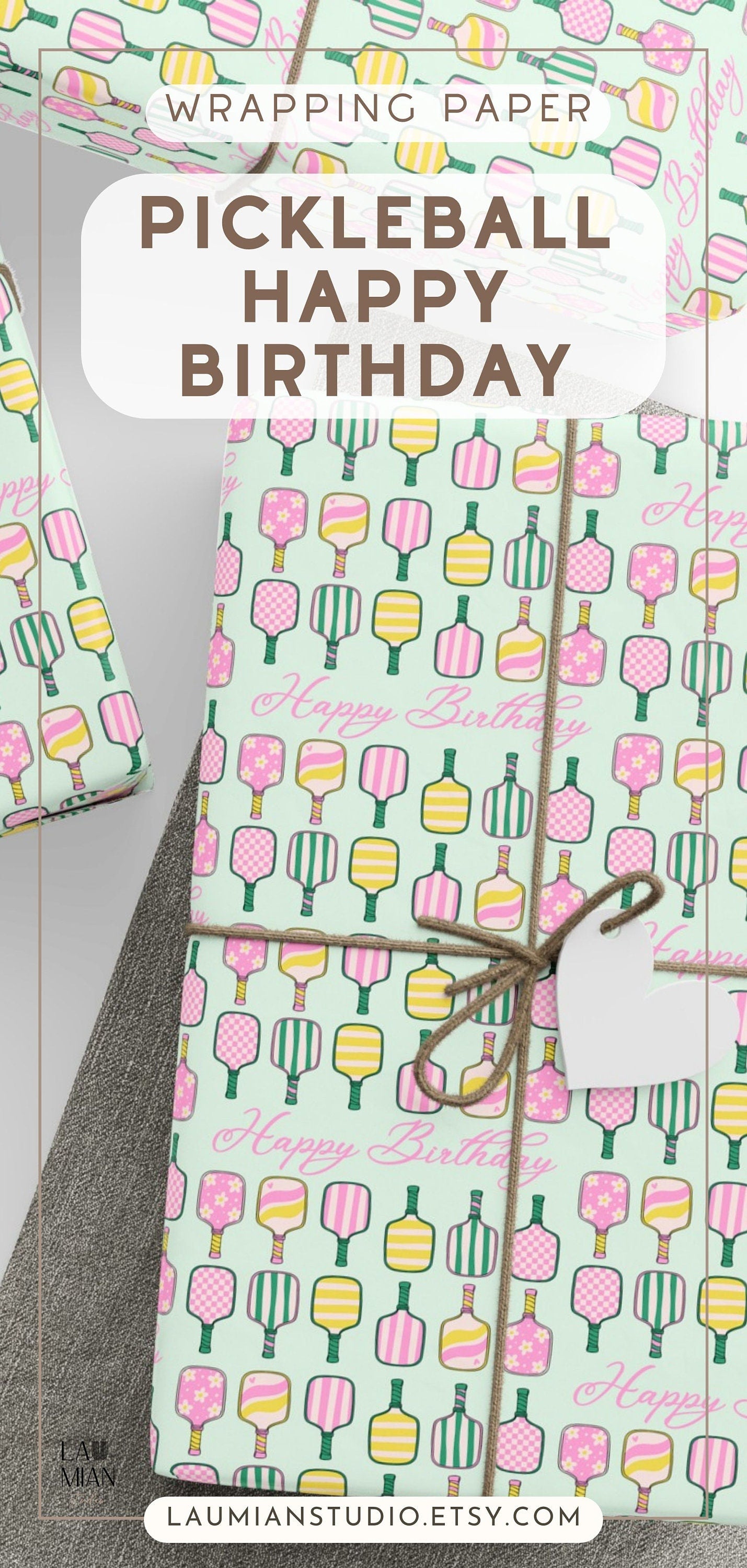 Wrapping Paper Pickleball Happy Birthday Green Wrap Paper Roll Girly Gift Wrapping Paper 35th Birthday Gift Idea Wrap Paper Cute Design Bat - LAUMIANstudio