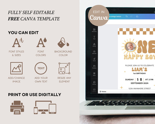 Editable One Happy Boy First Birthday Invitation Template Baby Boy Phone Invite 1st Birthday Evite Boho Sun 1st Birthday Invite Mobile Video - LAUMIANstudio