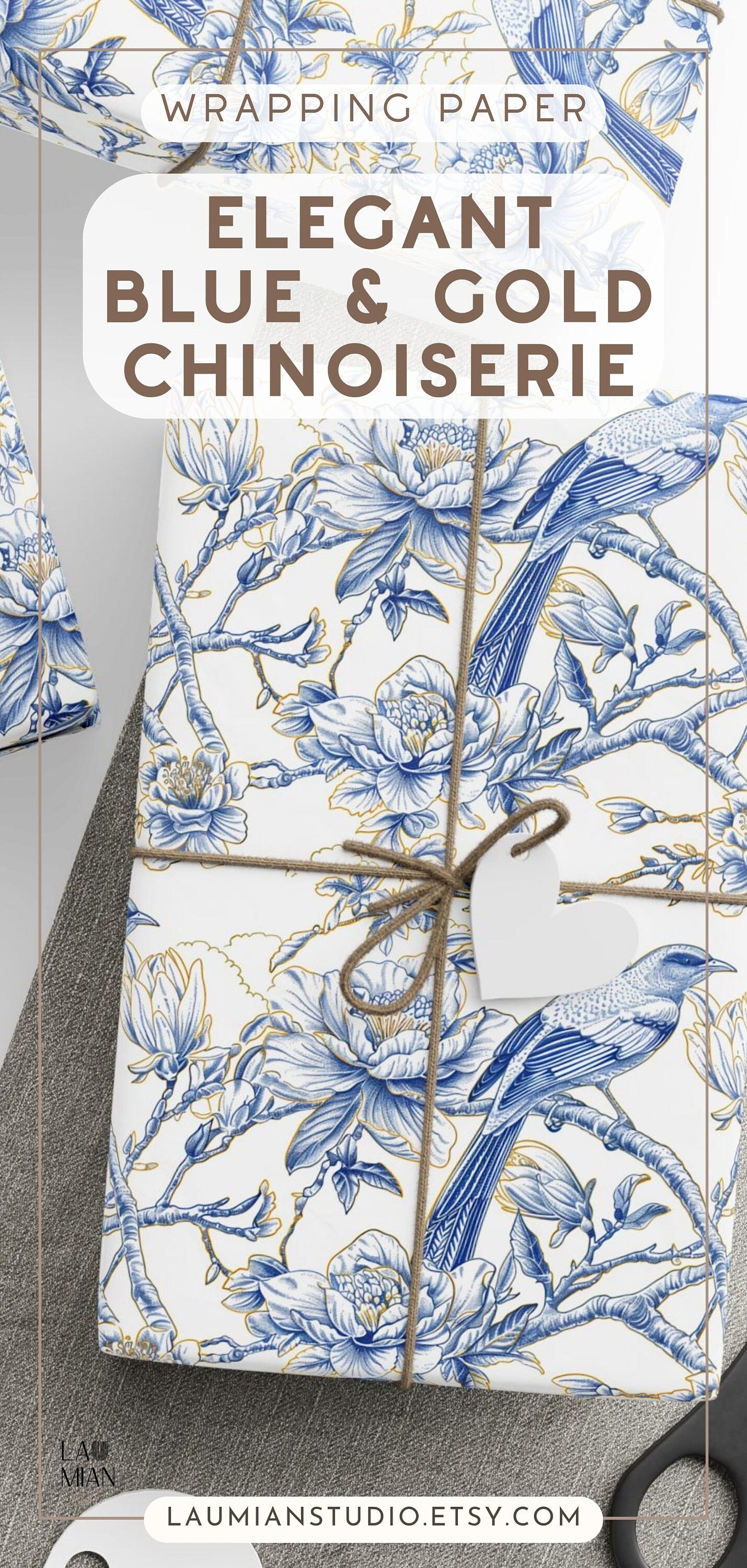 Elegant Chinoiserie Wrapping Paper Luxury Blue Gold Chinoiserie Gift Wrap Wedding Something Blue Present Wrap Paper Roll Luxury Wedding Wrap - LAUMIANstudio