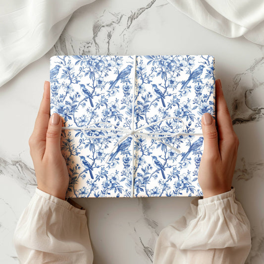 Blue Chinoiserie Wrapping Paper Blue Floral Toile Gift Wrap Roll Blue White Bird Present Wrap Baby Shower Wedding Gift Wrap Bridal Shower - LAUMIANstudio