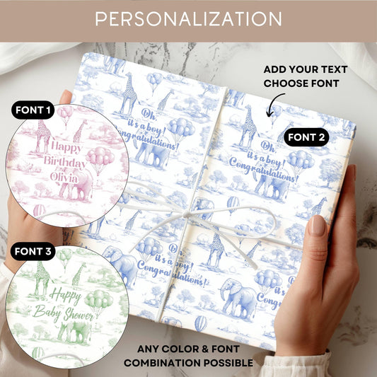 Pink Baby Girl Wrapping Paper 1st Birthday Pink Gift Wrap Ballon Toile Wrapping Paper Baptism Gift Wrap Newborn Girl Pink Safari Packaging - LAUMIANstudio