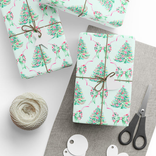 Preppy Christmas Wrapping Paper Girly Xmas Gift Wrap Sister in Law Christmas Gift Wrap Bow Pink Mint Wrapping Paper Preppy Xmas Tree Wrap - LAUMIANstudio