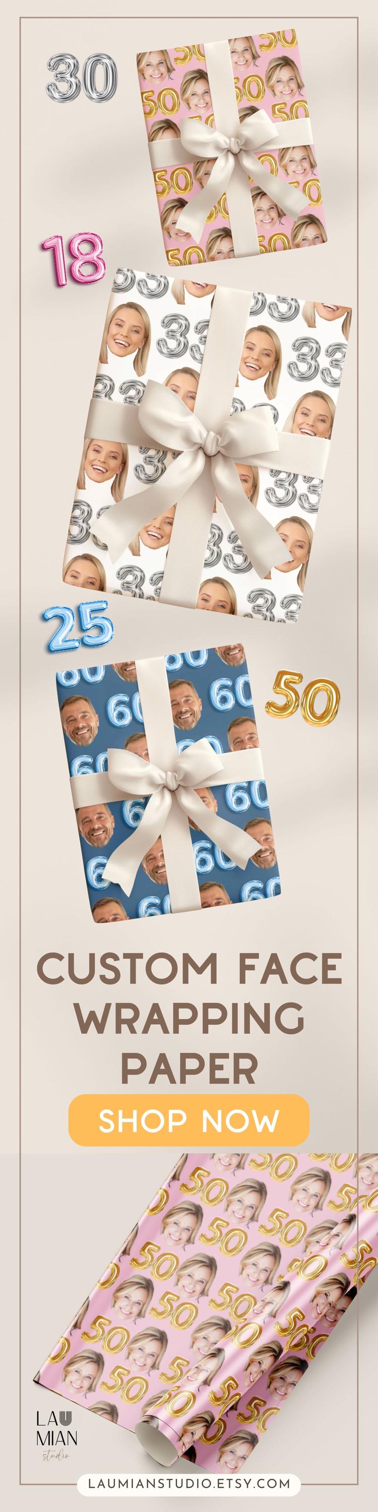 Custom Face Gift Wrapping Paper Girlfriend 30th Funny Birthday Wrapping Paper Roll Boyfriend Foil Ballon Number Gift Wrap Wife Hubby Friend - LAUMIANstudio