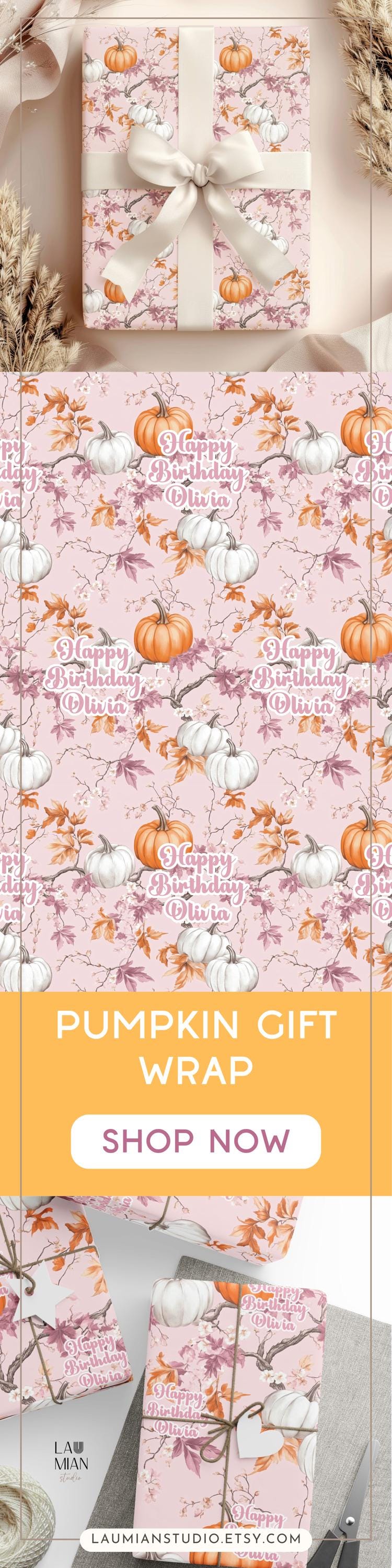 Personalizable Pinoween Gift Wrap Pink Pumpkin Wrapping Paper Autumn Birthday Party Present Wrapping Paper Roll Niece Sister Grandma Friend - LAUMIANstudio