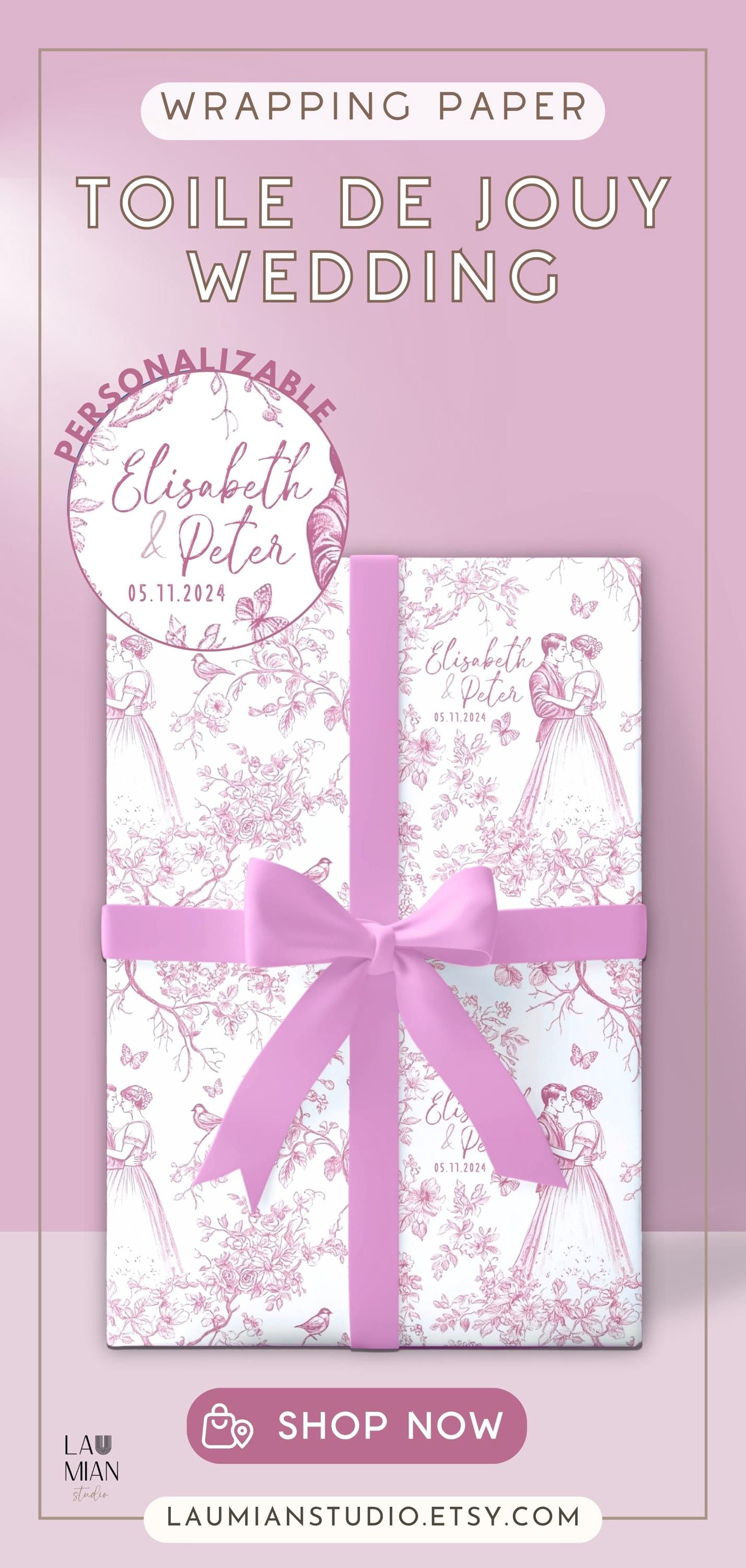 Personalized Pink Wedding Gift Wrap Pink Toile Floral Gift Wrap Luxury Bridal Shower Gift Paper - LAUMIANstudio