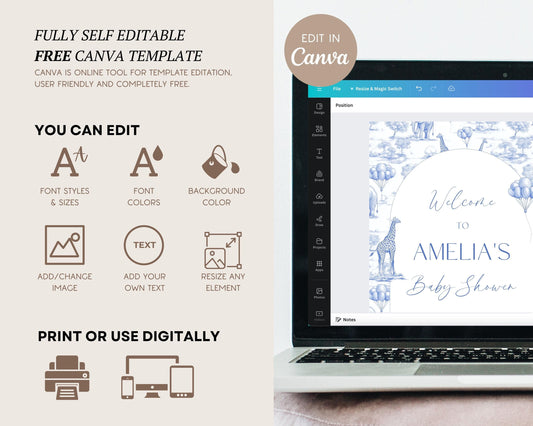 Blue Toile Baby Shower Welcome Sign Chinoiserie Boy Baby Shower Welcome Sign Editable Template Canva Welcome Sign Toile Baby Shower Decor - LAUMIANstudio