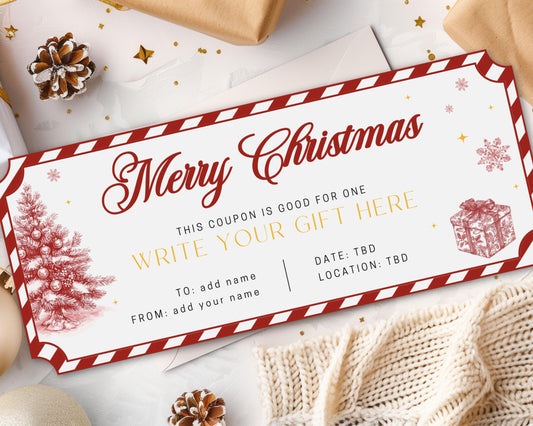 Red Vintage Christmas Gift Voucher Editable Template North Pole Ticket Santa Gift Christmas Ticket Red Christmas Printable Coupon For Mom - LAUMIANstudio