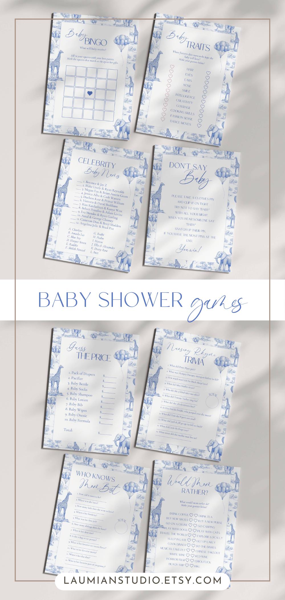 Blue Toile Baby Shower Game Bundle Chinoiserie Baby Shower Game Template Editable Canva Baby Shower Party Game Funny Baby Shower Game Set - LAUMIANstudio