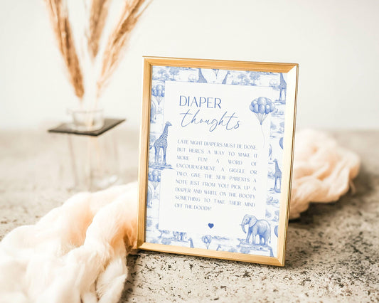 Blue Chinoiserie Baby Shower Diaper Thoughts Sign Printable Template Baby Shower Sign Diaper Thoughts DIY Editable Canva Template Sign - LAUMIANstudio