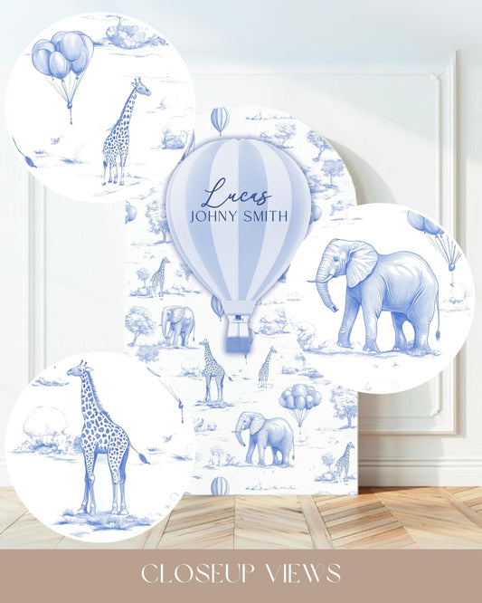 Custom Safari Birthday Party Arch Backdrop Hot Air Balloon Decoration Toile 1st Birthday Decor Blue Toile de Jouy Party Decoration with Name - LAUMIANstudio