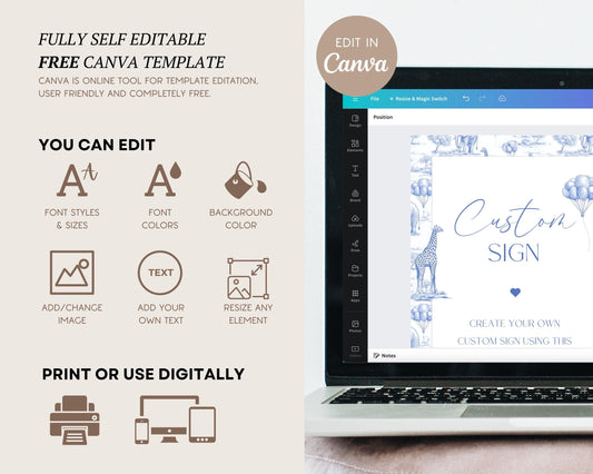 Blue Chinoiserie Custom Sign Printable Template Toile de Jouy Table Sign Toile Safari 1st Birthday Sign Editable Canva Template Sign Shower - LAUMIANstudio