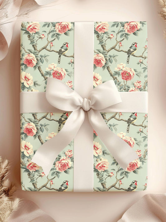 Floral Wrapping Paper Roll with Bird Gift Wrap: Sage Green, Flowers, Birthday, Wedding - LAUMIANstudio