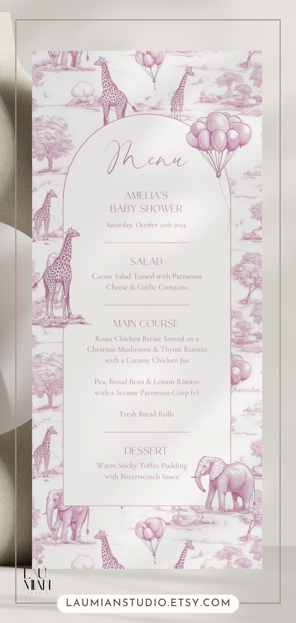 Pink Toile Baby Shower Menu Template Safari Baby Shower Brunch Menu Card Elegant Toile de Jouy Lunch Menu Printable Template Baby Shower - LAUMIANstudio