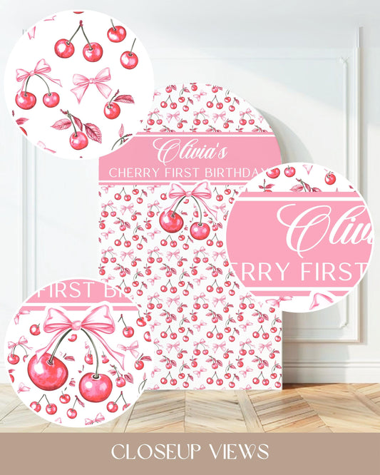 Cherry First Birthday Arch Backdrop Cherry Decor 1st Birthday Cherry Baby Shower Pink Girly Garden Party Decoration Name Cherry Bow Props - LAUMIANstudio