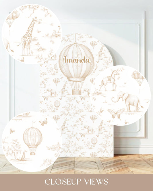 Beige Safari Birthday Party Arch Backdrop Custom Name Hot Air Balloon Decoration Toile 1st Birthday Decor Neutral Toile de Jouy Party Decor - LAUMIANstudio