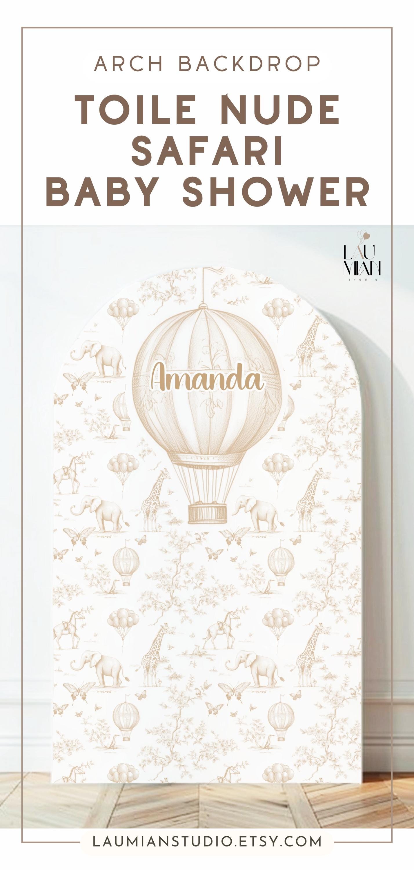 Beige Safari Birthday Party Arch Backdrop Custom Name Hot Air Balloon Decoration Toile 1st Birthday Decor Neutral Toile de Jouy Party Decor - LAUMIANstudio