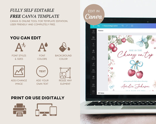 Cherry On Top Invitation Cherry Spring Baby Shower Invite Cherry Baby Shower Invitation Baby in Bloom Invite Cherry Blue Bow Baby Shower - LAUMIANstudio