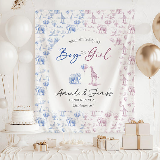 Neutral Gender Reveal Backdrop Beige Gender Reveal Party Decor Toile Beige Giant Backdrop Toile Animal Boy or Girl Backdrop He or She Reveal - LAUMIANstudio