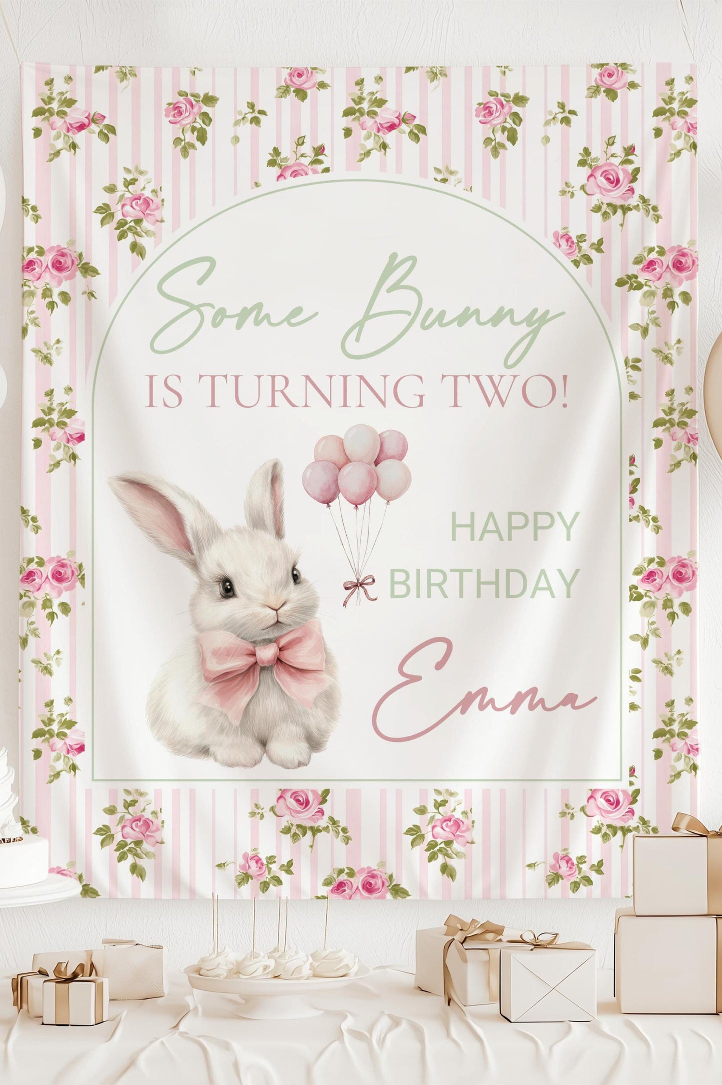 Custom Bunny 2nd Birthday Decor Bunny Easter Birthday Banner Some Bunny is Two Birthday Celebration Decor Spring Birthday Garder Party Sign - LAUMIANstudio