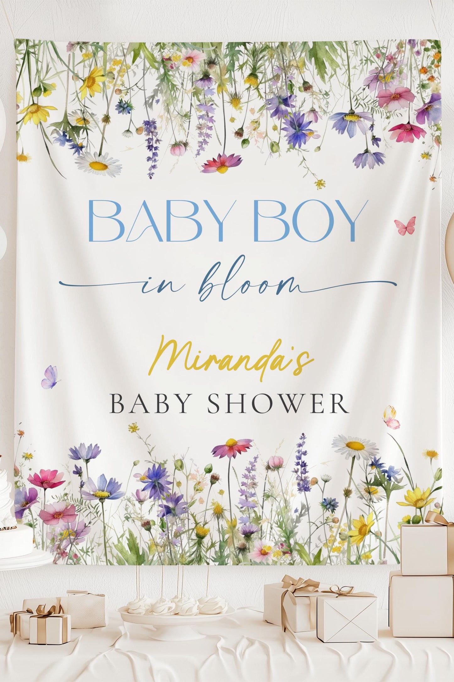 Baby Boy in Bloom Banner Blue Baby in Bloom Baby Shower Decor Blue Floral Baby Shower Backdrop Blue Spring Flower Baby Shower Welcome Sign - LAUMIANstudio