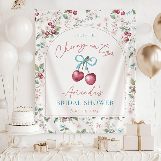 Custom Cherry On Top Bridal Shower Sign Cherry On Top Bachelorette Backdrop Bow Coquette Bridal Shower Banner Summer Bach Party Decor Cherry - LAUMIANstudio