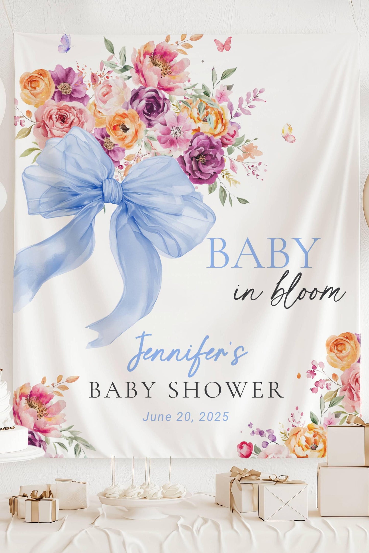 Personalized Boy Baby Bloom Sign Bow Blue Baby Bloom Backdrop Blue Baby in Bloom Baby Shower Decor Baby Boy Shower Photo Backdrop Blue Bow - LAUMIANstudio