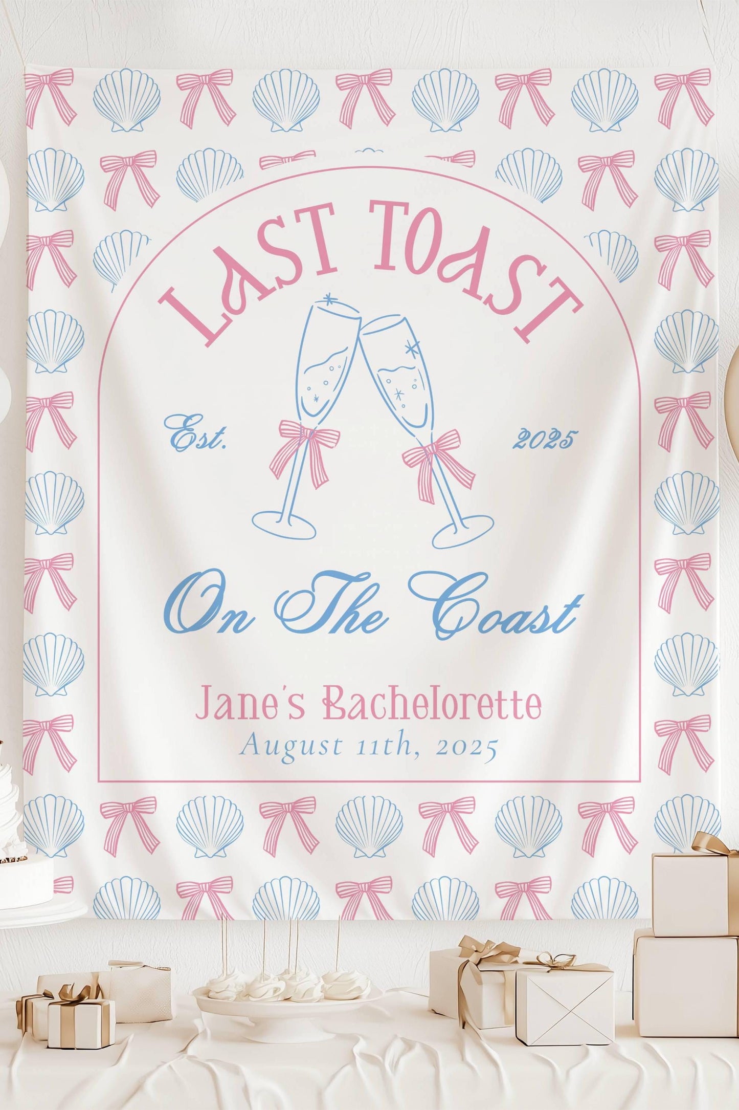 Custom Coastal Bachelorette Banner Pink Last Toast Backdrop Bow Champagne Bachelorette Party Backdrop Coastal Bach Weekend Sign Beach Party - LAUMIANstudio
