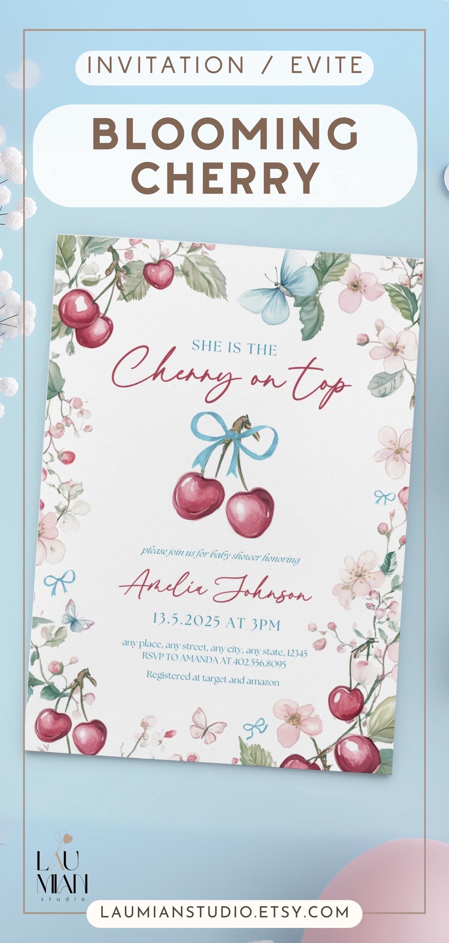Cherry Baby Shower Invite Cherry On Top Invitation Pink Bow Coquette Invite Trendy Cherry Invitation Spring Cherry Blossom Invite Template - LAUMIANstudio