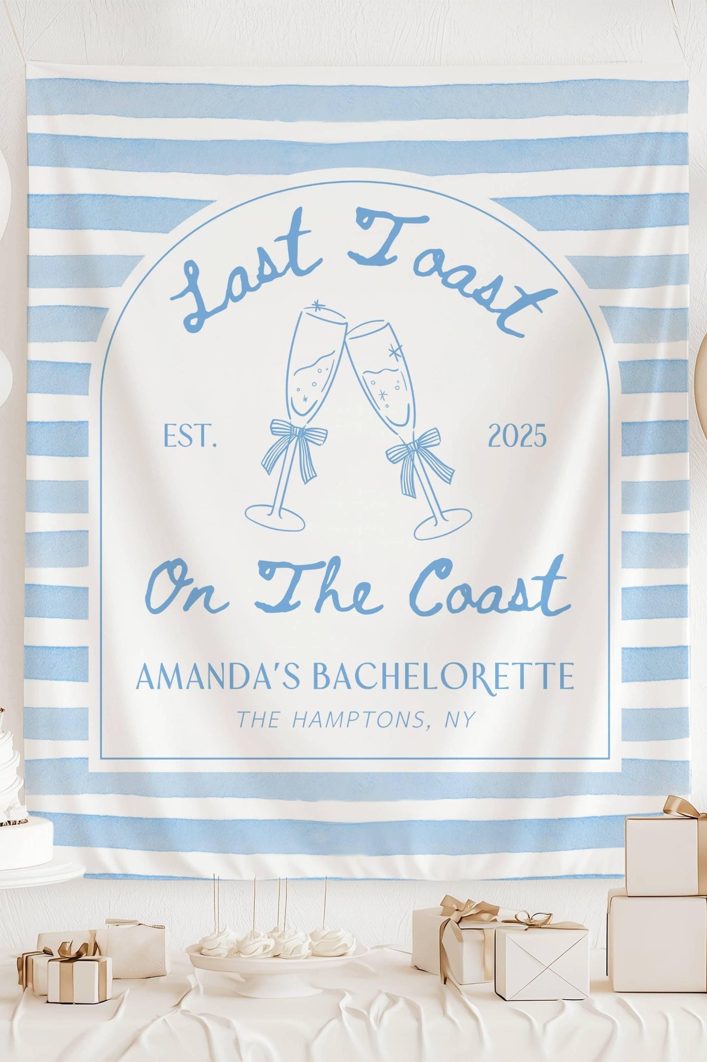 Last Toast on the Coast Banner Prosecco Beach Bridal Shower Backdrop Blue Coastal Bachelorette Fabric Sign Cocktail Party Decor Last Toast - LAUMIANstudio