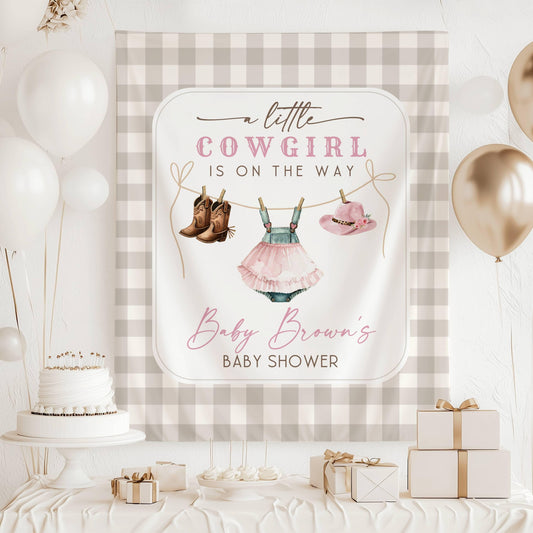 Little Cowgirl Baby Shower Backdrop Pink Cowgirl Baby Shower Banner Little Cowgirl is On The Way Welcome Sign Pink Cowgirl Clothesline Decor - LAUMIANstudio