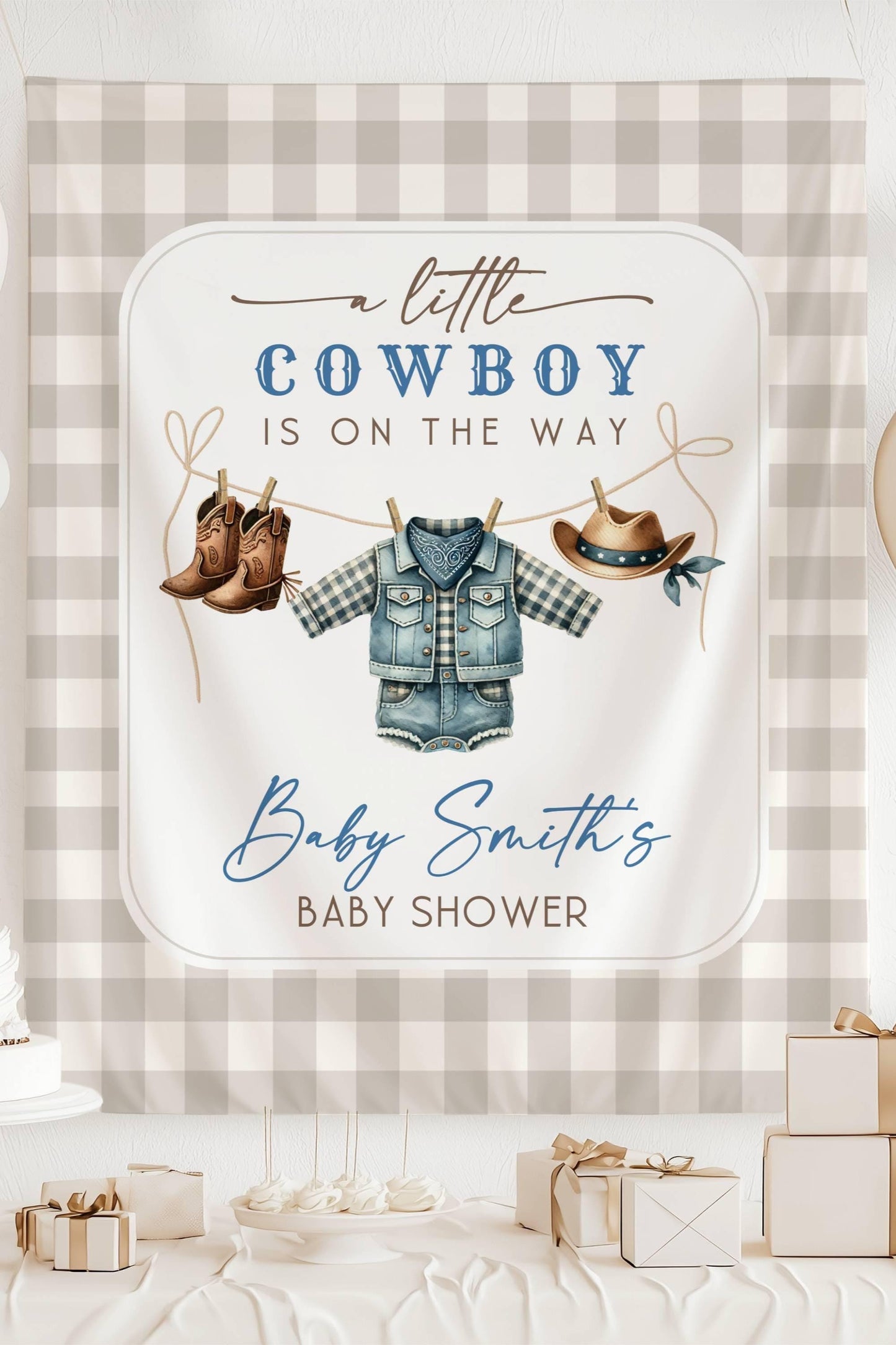 Little Cowboy Baby Shower Backdrop Blue Cowboy Baby Shower Banner Little Cowboy is On The Way Welcome Sign Blue Cowboy Clothesline Decor - LAUMIANstudio