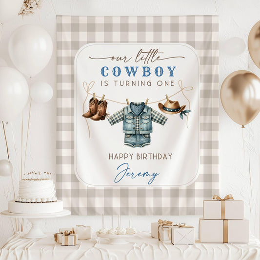 Little Cowboy 2nd Birthday Banner Blue Cowboy Birthday Photo Backdrop First Rodeo Birthday Cowboy Wild West Birthday Cowboy is Turning One - LAUMIANstudio