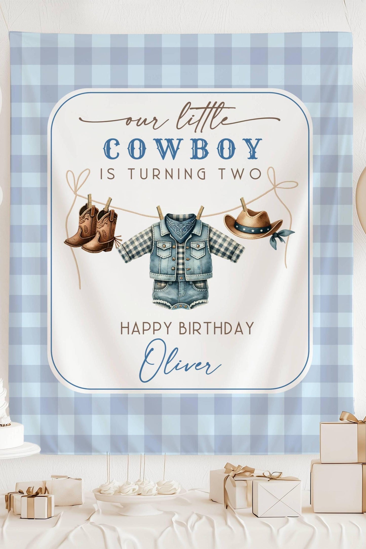 Little Cowboy 2nd Birthday Banner Blue Cowboy Birthday Photo Backdrop First Rodeo Birthday Cowboy Wild West Birthday Cowboy is Turning One - LAUMIANstudio