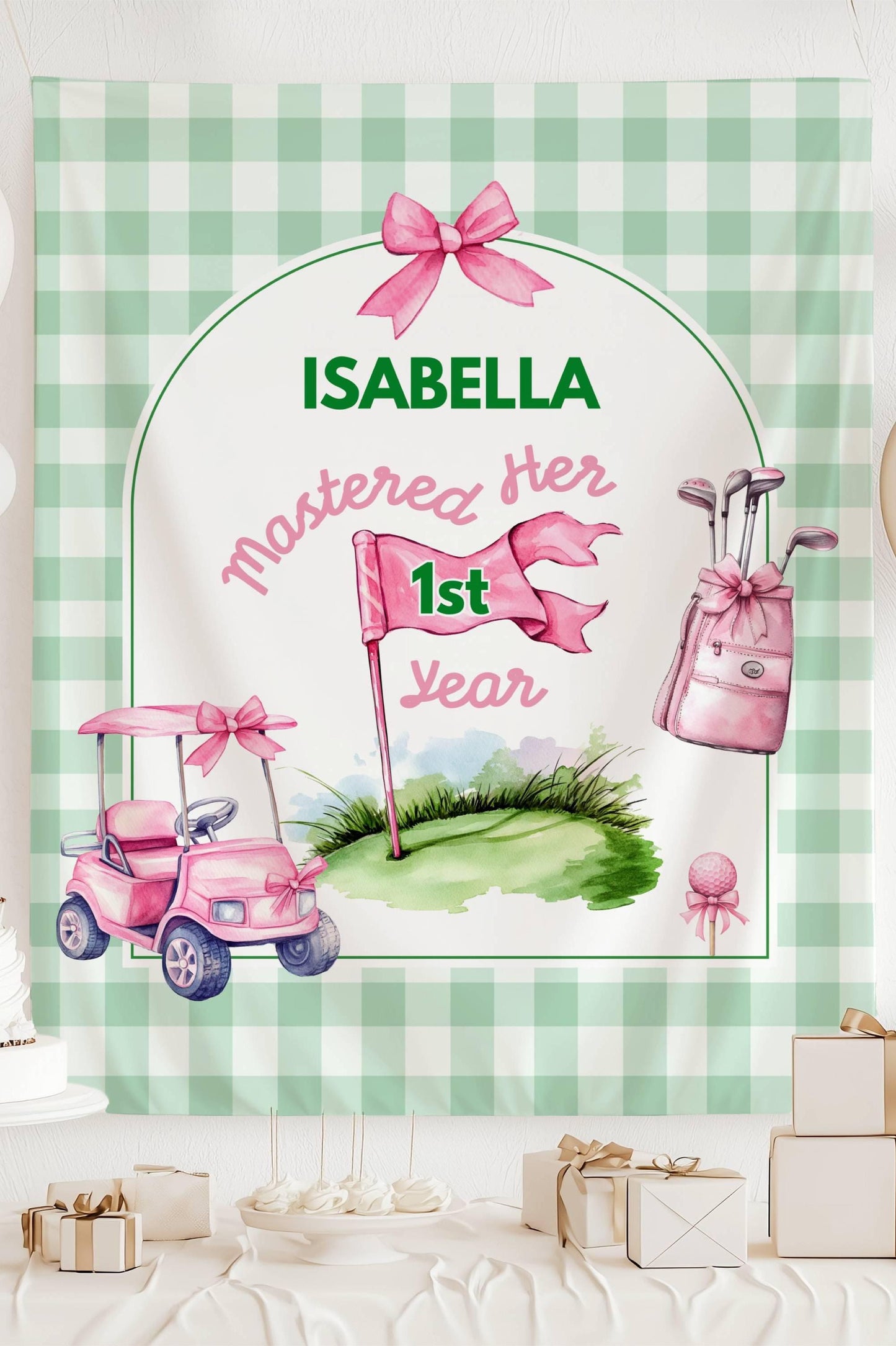 Custom Golf First Birthday Banner Baby Girl Golf Photo Banner Custom Pink Masters Birthday Backdrop Girl First Birthday Golf Welcome Sign - LAUMIANstudio