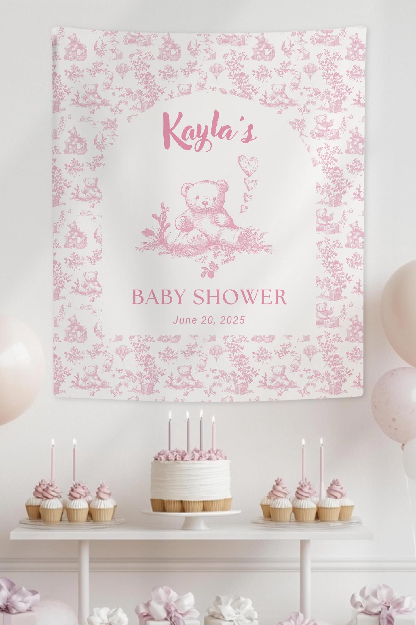 Baby Girl Baby Shower Banner Bear Pink Baby Shower Sign Balloon Bear Shower Decor Pink Girl Toile Backdrop Custom Pink Bear Shower Banner - LAUMIANstudio