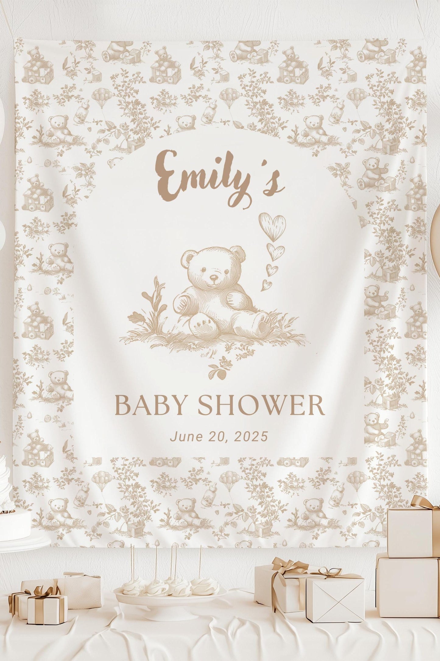 Custom Neutral Teddy Baby Shower Banner Toile Beige Nursery Decor Boho Bear Sign Beige Balloon Bear Shower Brown Bear Backdrop Neutral Sign - LAUMIANstudio