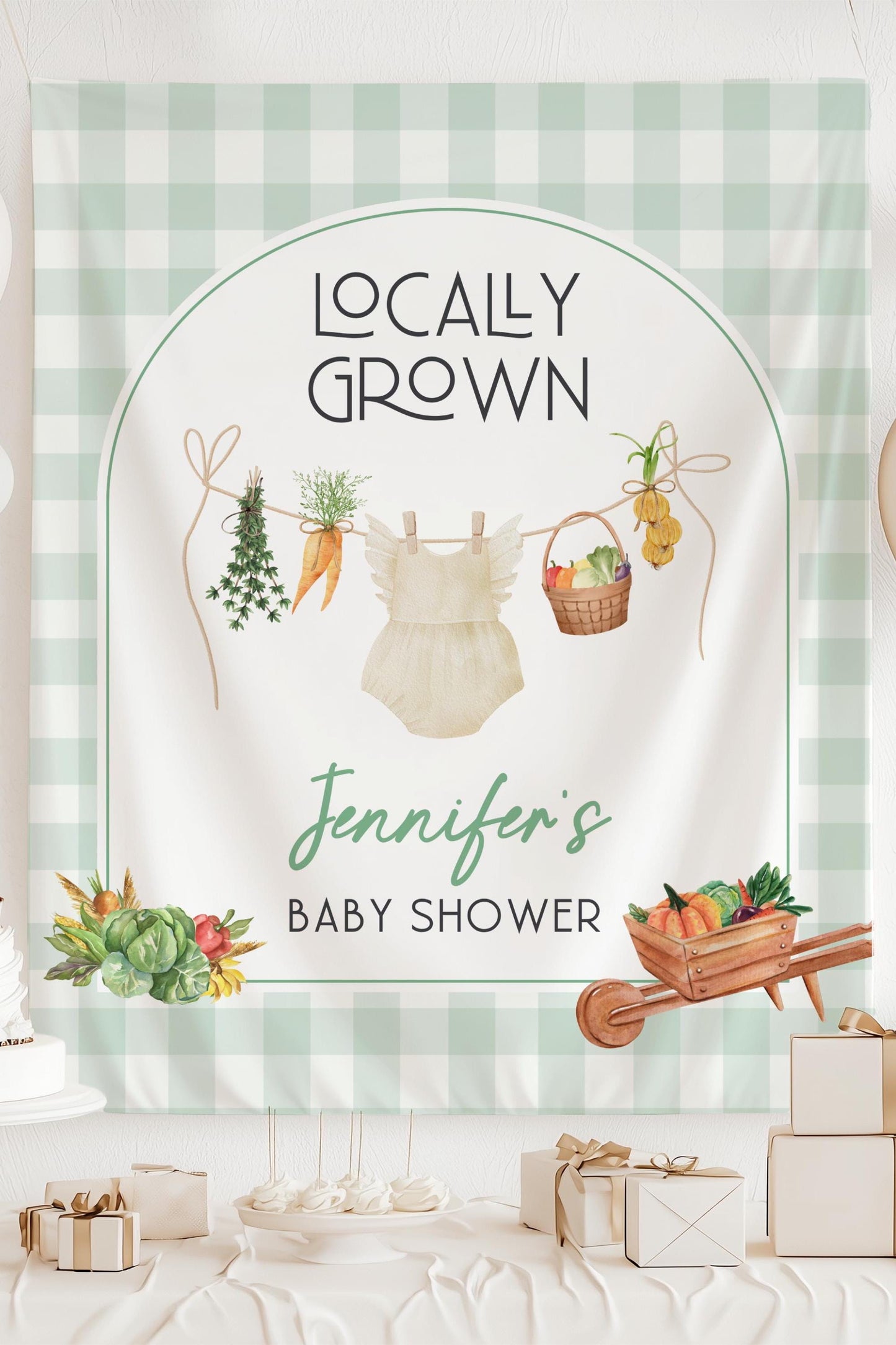 Custom Farmer Market Baby Shower Backdrop Locally Grown Baby Girl Party Decoration Fruit and Vegetable Baby Shower Banner Locally Grown Sign - LAUMIANstudio