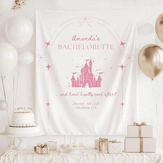 Happily Ever After Banner: Personalizable Castle Bachelorette Backdrop, Princess Bridal Shower Wall Tapestry - Yellow, Pink, Blue, Black - LAUMIANstudio