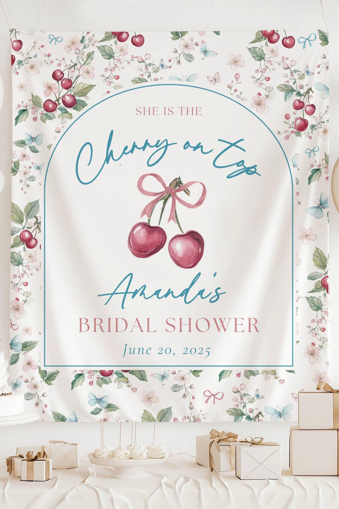 Custom Cherry On Top Bridal Shower Sign Cherry On Top Bachelorette Backdrop Bow Coquette Bridal Shower Banner Summer Bach Party Decor Cherry - LAUMIANstudio
