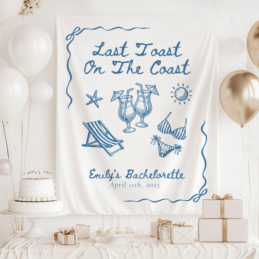 Custom Last Toast on the Coast Backdrop Blue Cocktail Bikini Banner Coastal Bridal Shower Tapestry Summer Bachelorette Party Welcome Sign - LAUMIANstudio