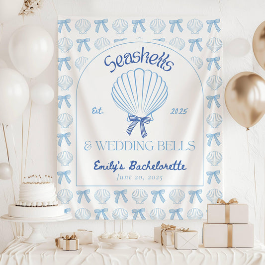 Seashells and Wedding Bells Banner Beach Bach Decor Seashell Coastal Girl Trip Backdrop Florida Bachelorette Banner Beach Bridal Shower Sign - LAUMIANstudio
