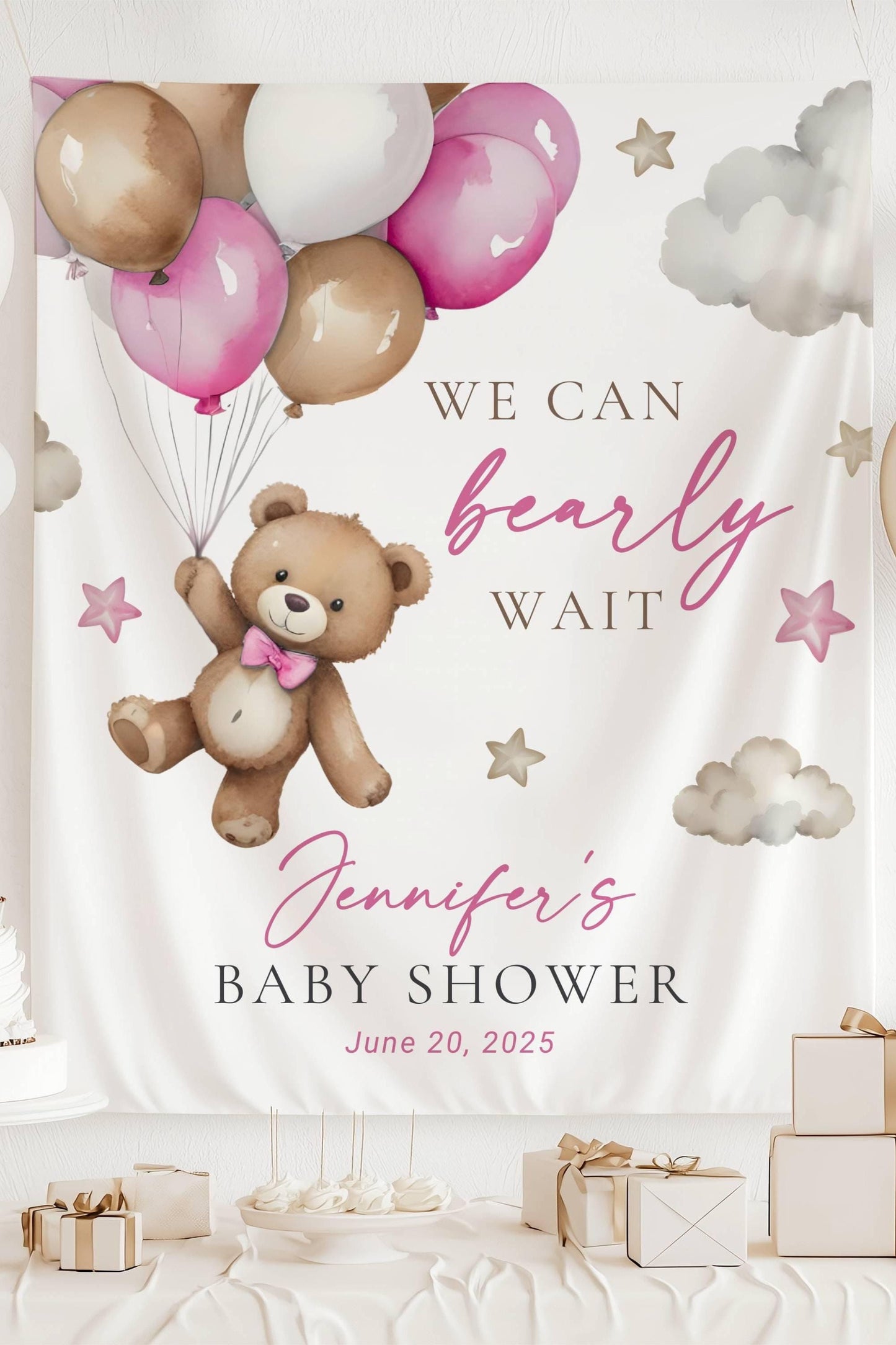 Custom Pink Bearly Wait Banner Pink Baby Girl Baby Shower Backdrop Pink Balloon Teddy Sign Pink Bear Baby Shower We Can Nearly Wait Pink - LAUMIANstudio