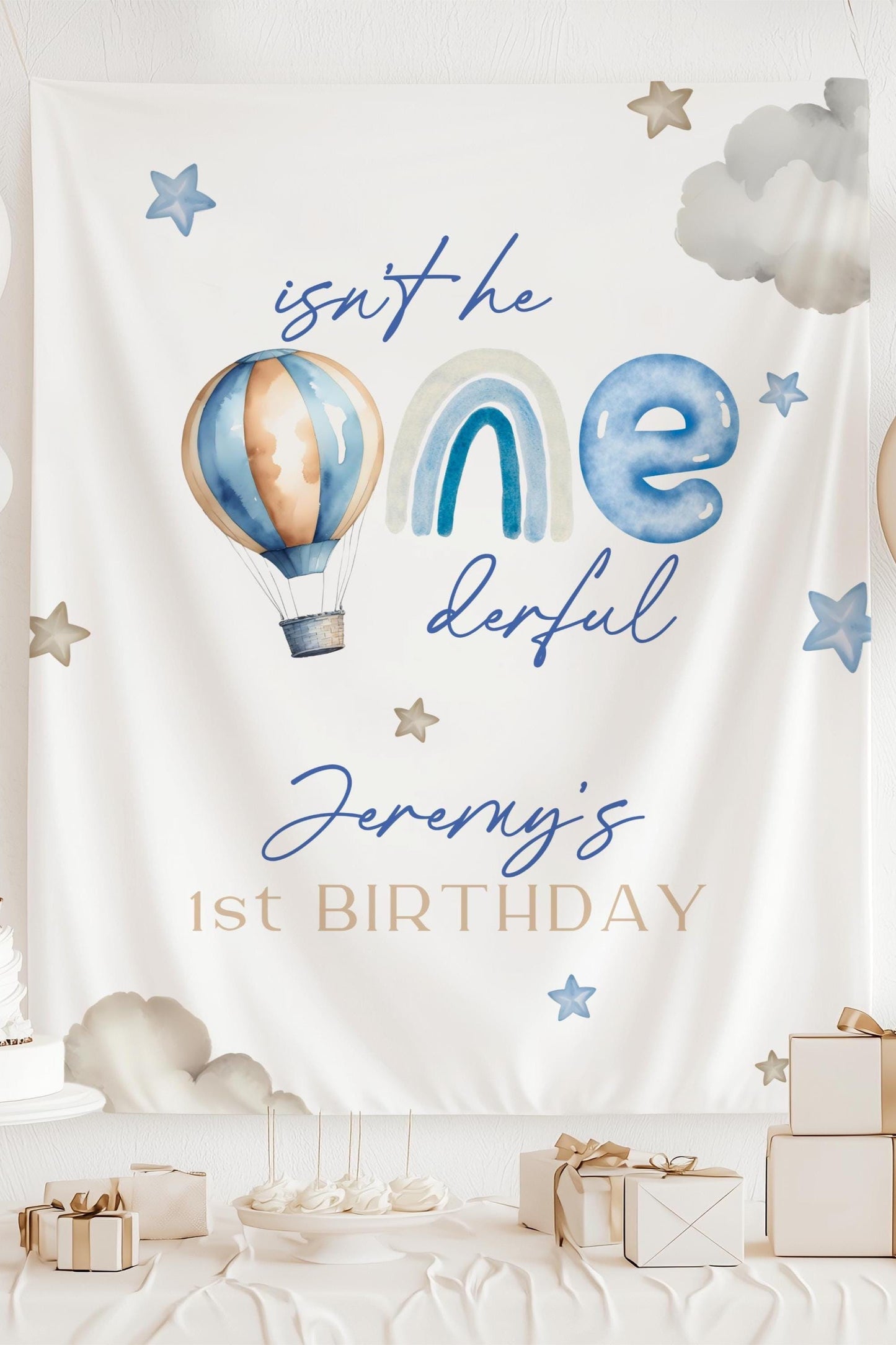 Onederful First Birthday Backdrop Hot Air Balloon Birthday Party Banner 1st Birthday Boy Blue Onederful Decor Custom Rainbow Onederful Sign - LAUMIANstudio